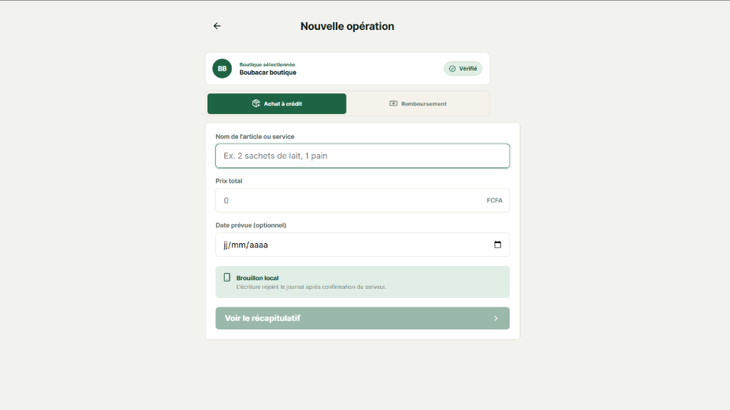 Interface Client · Saisie d’achat à crédit ou remboursement
