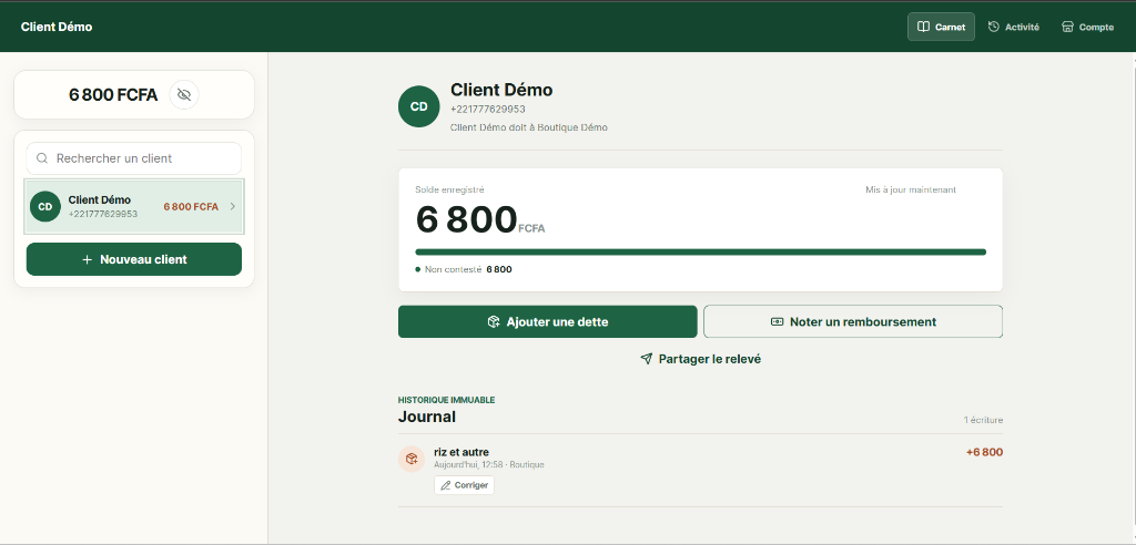 Interface Boutiquier · Fiche client, gestion dette & remboursements