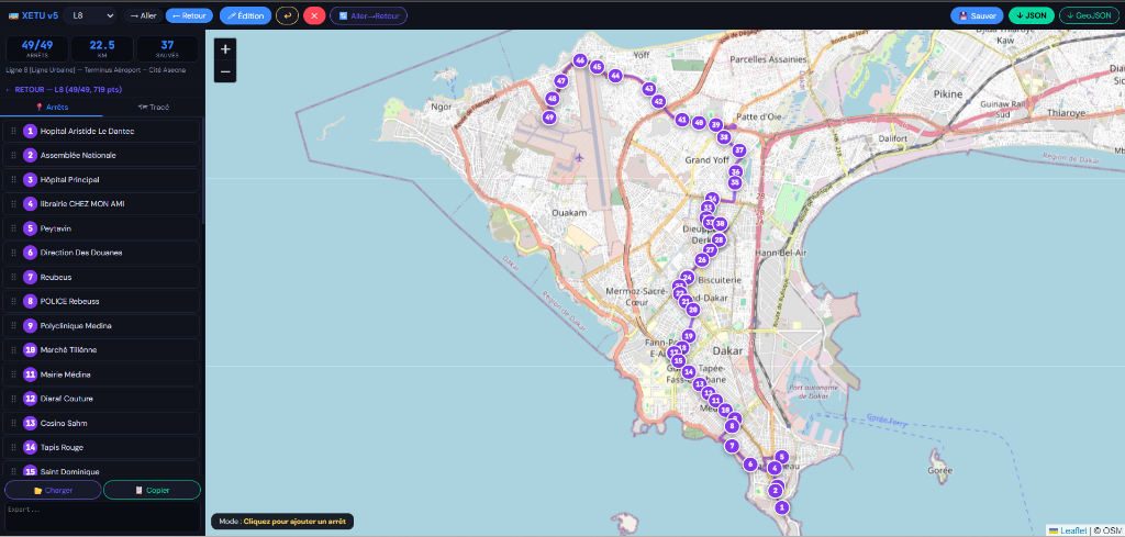 Ligne 8 · 49 arrêts · Tracé OSRM (22.5 km)