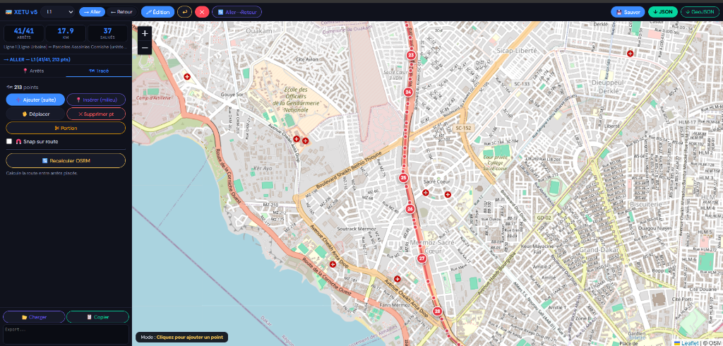 Ligne 1 · 41 arrêts · Snap route & points d’arrêt (18.2 km)